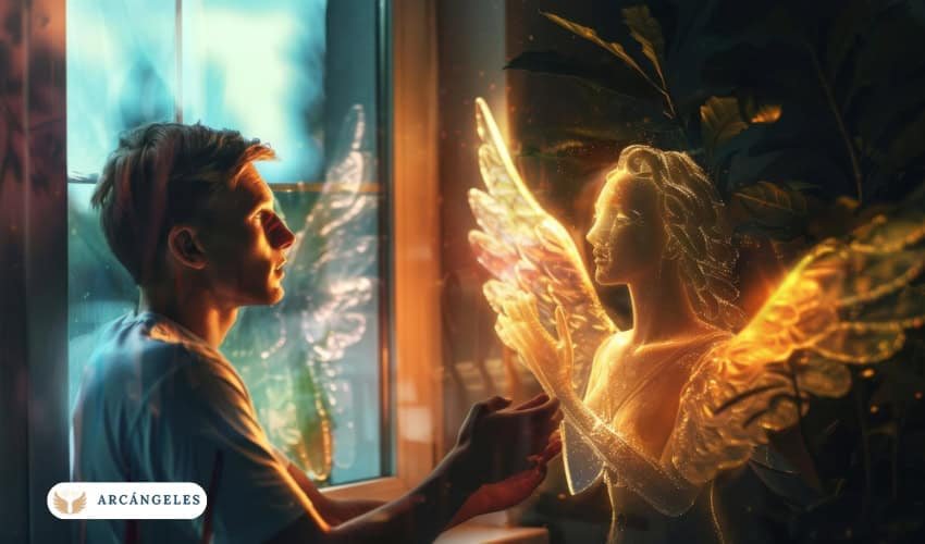Hombre sentado frente a una figura angelical luminosa que representa a un arcángel, simbolizando una conexión espiritual y divina.