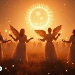 Grupo de personas en túnicas blancas celebrando el Día de los Arcángeles al atardecer, con una figura alada en el centro y un sol brillante en el cielo