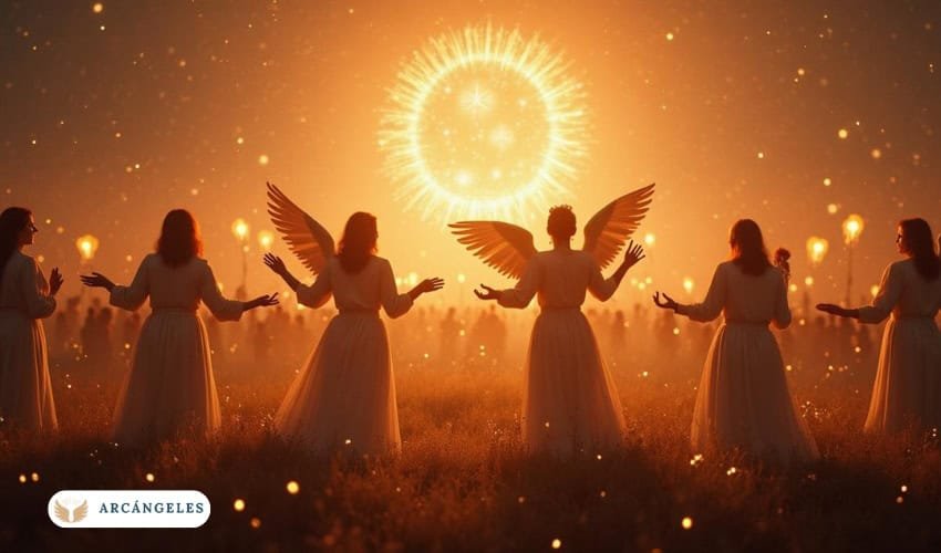 Grupo de personas en túnicas blancas celebrando el Día de los Arcángeles al atardecer, con una figura alada en el centro y un sol brillante en el cielo