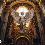 Escultura de un ángel en un entorno de iglesia barroca, con detalles dorados y luz celestial iluminando la figura, representando la majestuosidad y belleza divina del Arcángel Ariel.