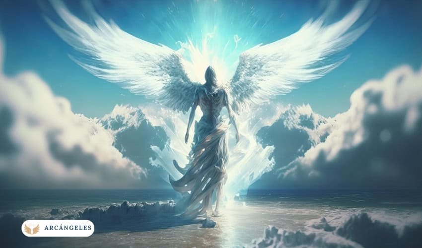 Ilustración del Arcángel Azrael rodeado de luz brillante, con grandes alas blancas extendidas y un paisaje celestial al fondo, simbolizando su papel como guía espiritual y de transición del alma.