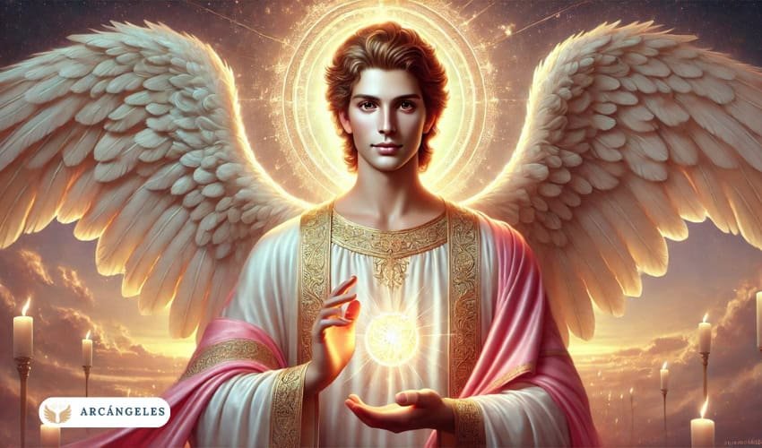 Representación del Arcángel Camael con alas extendidas, rodeado de luz celestial y sosteniendo una esfera de energía luminosa, simbolizando su conexión divina, fortaleza y guía espiritual.