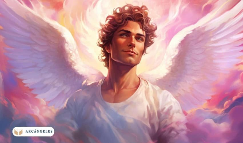 Representación artística del Arcángel Chamuel rodeado de luz rosa, simbolizando amor, paz y compasión, con un fondo celestial y majestuoso.