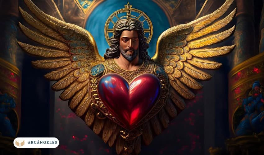 Representación artística del Arcángel Chamuel, un ser celestial asociado con el amor universal y la paz interior. La imagen muestra al arcángel con un corazón rojo brillante en su pecho, rodeado de un aura de luz dorada.