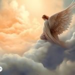 Ilustración de un arcángel entre las nubes, rodeado de luz celestial, simbolizando paz y espiritualidad.