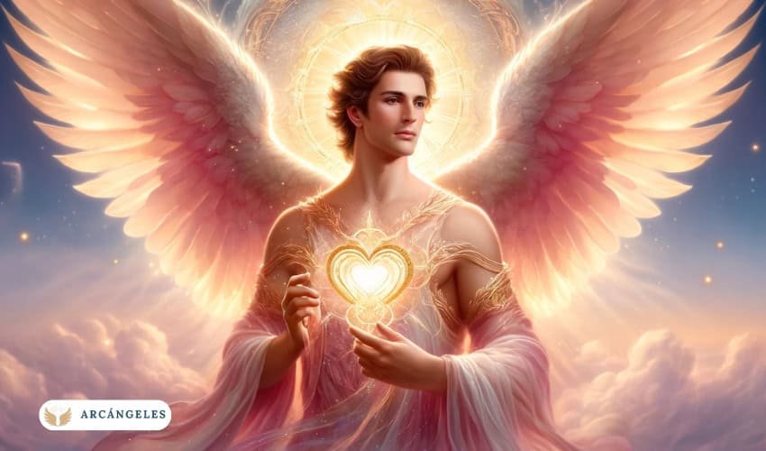 Representación del Arcángel Chamuel con alas rosadas, rodeado de luz divina y sosteniendo un símbolo de amor y compasión en un cielo celestial.
