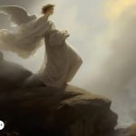 Representación artística del Arcángel Gabriel de pie en una roca, rodeado de luz celestial, simbolizando su papel como mensajero divino.