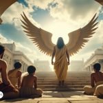 Arcángel de la Familia guiando y protegiendo a un grupo de personas en un entorno celestial.