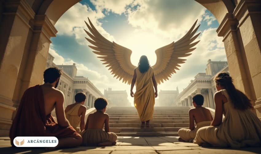 Arcángel de la Familia guiando y protegiendo a un grupo de personas en un entorno celestial.