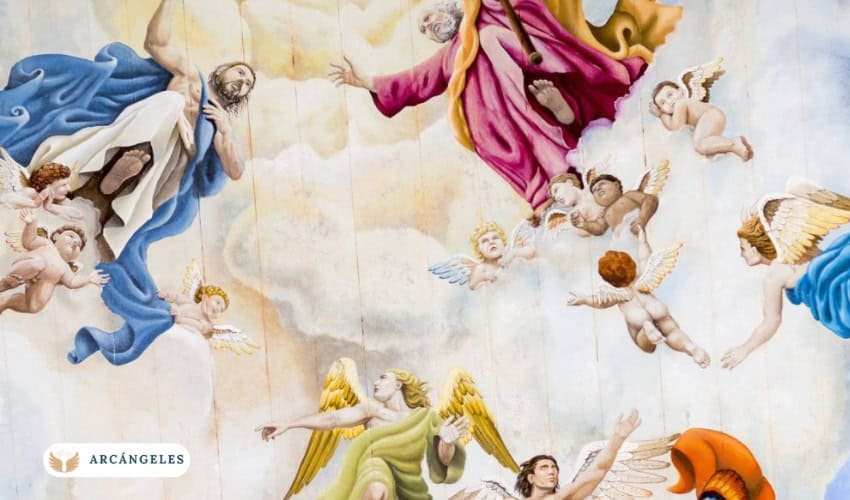 Representación artística de ángeles y arcángeles en el cielo, destacando figuras celestiales con túnicas coloridas y alas, simbolizando la conexión espiritual.