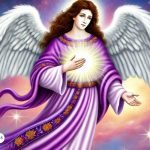 Ilustración del Arcángel Zadquiel, protector del día sábado, con túnica violeta, alas blancas y un resplandor de luz en su pecho, simbolizando su energía de perdón y transmutación espiritual.