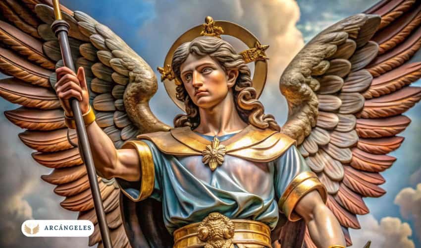 Imagen del Arcángel Gabriel con alas extendidas, portando una lanza y vestido con armadura celestial, representando su papel como mensajero y protector divino.