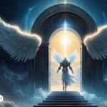 Representación del Arcángel Hadraniel atravesando un portal celestial, rodeado de luz divina y con grandes alas, símbolo de protección y amor espiritual