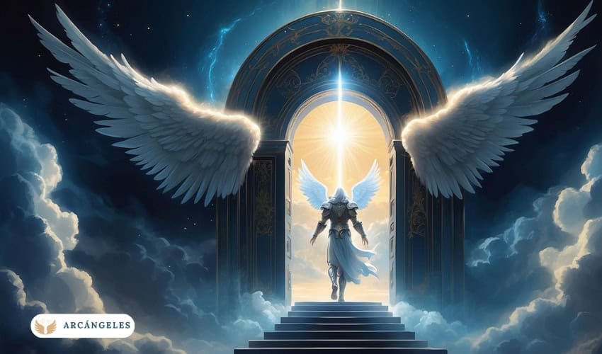 Representación del Arcángel Hadraniel atravesando un portal celestial, rodeado de luz divina y con grandes alas, símbolo de protección y amor espiritual