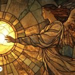 Ilustración del Arcángel Haniel tocando una esfera de luz, símbolo de amor, armonía y guía espiritual