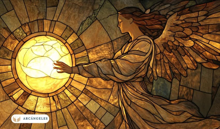 Ilustración del Arcángel Haniel tocando una esfera de luz, símbolo de amor, armonía y guía espiritual
