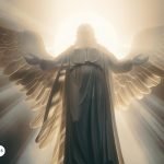 Estatua iluminada del Arcángel Jofiel con alas extendidas, simbolizando la luz y la sabiduría divina.