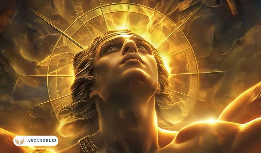 Representación del Arcángel Jofiel con una intensa luz dorada irradiando desde su cabeza, simbolizando la sabiduría, la iluminación y la claridad mental. Su expresión serena refleja inspiración divina y conexión espiritual.