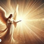 Imagen de un ángel radiante representando al Arcángel San Miguel, rodeado de luz dorada y emanando energía celestial.