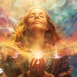 Mujer en conexión espiritual rodeada de luz y energía, simbolizando la oración al Arcángel Metatrón para protección y guía divina.