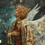 Representación celestial del Arcángel Nathaniel, con alas blancas y una expresión de profunda espiritualidad, rodeado de un cielo estrellado y detalles dorados que simbolizan su conexión divina y poder protector