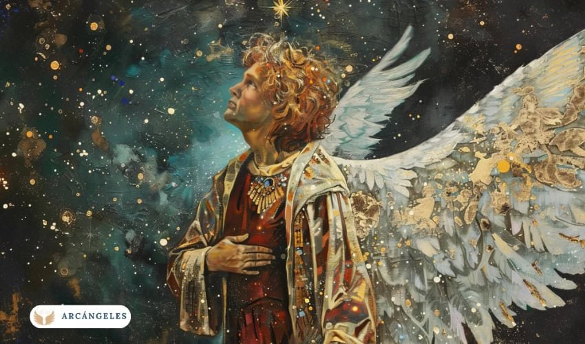 Representación celestial del Arcángel Nathaniel, con alas blancas y una expresión de profunda espiritualidad, rodeado de un cielo estrellado y detalles dorados que simbolizan su conexión divina y poder protector