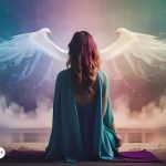 Mujer meditando frente a una representación angelical con alas de luz, simbolizando la conexión espiritual y la guía divina del Arcángel Nemamiah.