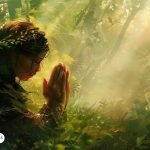 Mujer en oración rodeada de naturaleza exuberante, con luz suave filtrándose entre los árboles. La escena refleja una conexión espiritual profunda, armonizando con la temática de protección y sanación del Arcángel Nuriel.