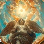 Representación artística del Arcángel Oziel, con una figura majestuosa rodeada de luz celestial, destacando su papel como protector y guía espiritual en un entorno divino lleno de ángeles y simbología celestial.