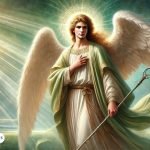 Representación del Arcángel Rafael con túnica verde y un bastón, irradiando luz divina. Arcángel de la sanación espiritual y física, símbolo de paz y protección.