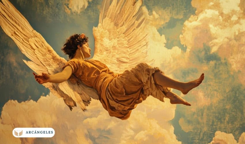 Representación del Arcángel Raguel volando entre las nubes, simbolizando su papel como ángel de la justicia y la armonía.