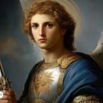 Retrato del Arcángel San Gabriel con armadura dorada, túnica azul y una espada en la mano, representando su poder y protección divina.
