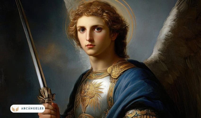 Retrato del Arcángel San Gabriel con armadura dorada, túnica azul y una espada en la mano, representando su poder y protección divina.