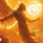 Representación del Arcángel Uriel rodeado de luz dorada y fuego, con alas extendidas y un fondo celestial iluminado, simbolizando sabiduría divina y guía espiritual.