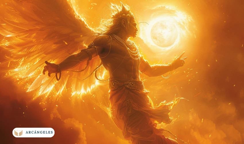 Representación del Arcángel Uriel rodeado de luz dorada y fuego, con alas extendidas y un fondo celestial iluminado, simbolizando sabiduría divina y guía espiritual.