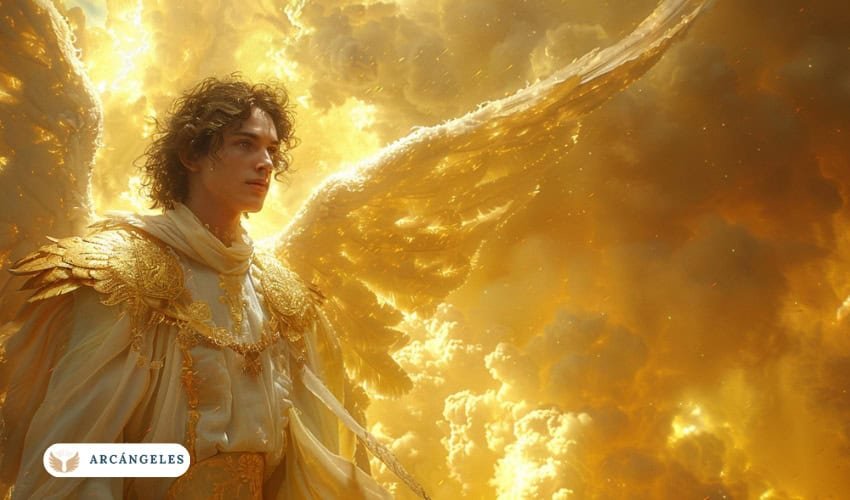 Imagen del Arcángel Uriel con expresión serena, vestimenta dorada y alas brillantes, rodeado de un resplandor celestial, simbolizando paz, sabiduría y protección divina.
