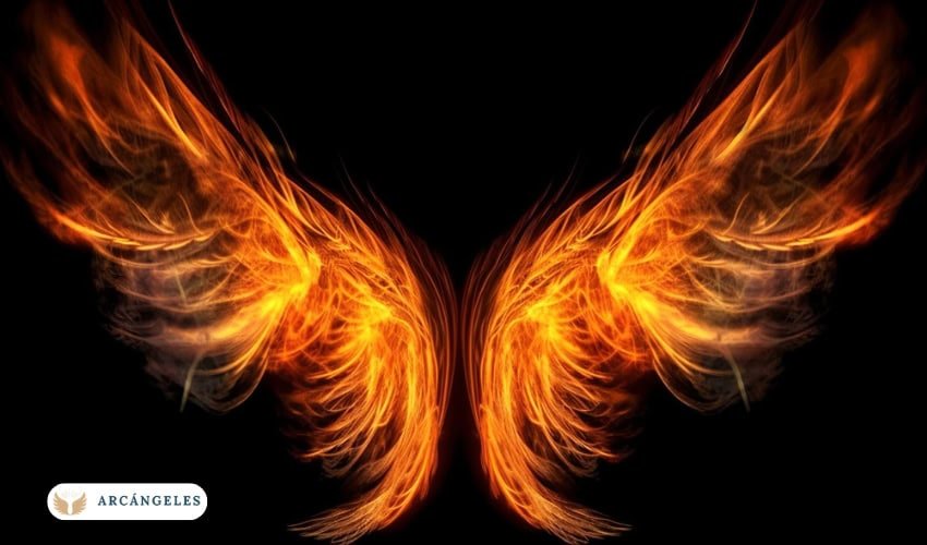 Alas de fuego en un fondo negro, representando la energía y poder del Arcángel Uriel, conocido como el portador de la luz divina y la sabiduría espiritual.