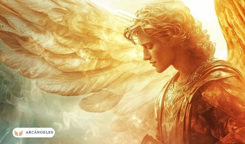 Imagen del Arcángel Uriel con alas doradas y expresión serena, representando su energía de luz divina, sabiduría y protección espiritual.
