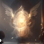Representación etérea de un arcángel rodeado de luz dorada en un ambiente celestial, simbolizando protección y poder divino.