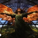 Imagen del Arcángel Zadquiel en un vitral, representado con alas extendidas y luz brillante, simbolizando su energía de transmutación y compasión espiritual
