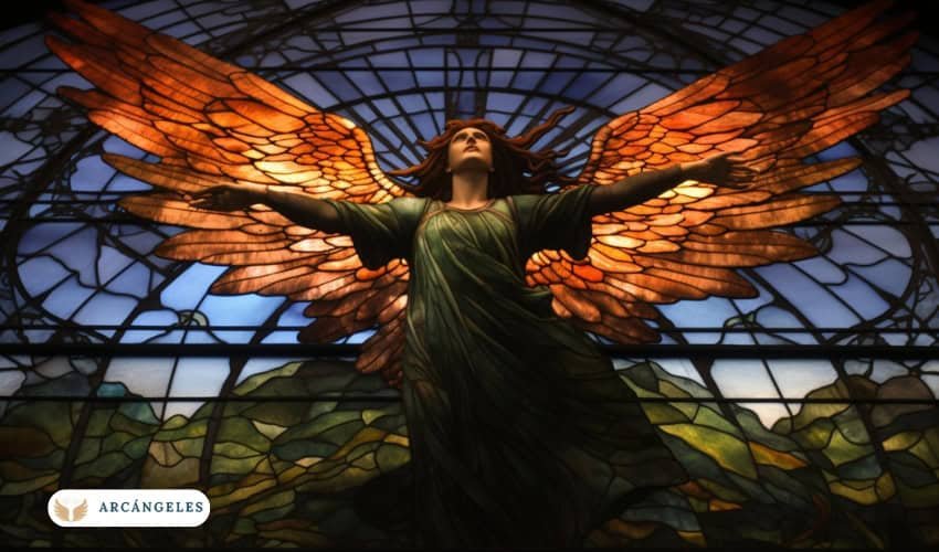 Imagen del Arcángel Zadquiel en un vitral, representado con alas extendidas y luz brillante, simbolizando su energía de transmutación y compasión espiritual