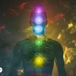 Silueta de una persona con los siete chakras alineados y resaltados con colores vibrantes, representando la conexión energética. Imagen conceptual de la relación entre los chakras y la espiritualidad de los Arcángeles