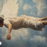 Ilustración de un arcángel caído con alas extendidas, volando entre las nubes, simbolizando la figura del Arcángel Azazel y su conexión con el plano espiritual.