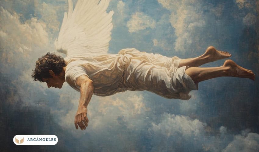 Ilustración de un arcángel caído con alas extendidas, volando entre las nubes, simbolizando la figura del Arcángel Azazel y su conexión con el plano espiritual.