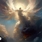 Ilustración del Arcángel Raguel ascendiendo entre nubes con una luz celestial brillante, simbolizando su energía de armonía, justicia y equilibrio espiritual