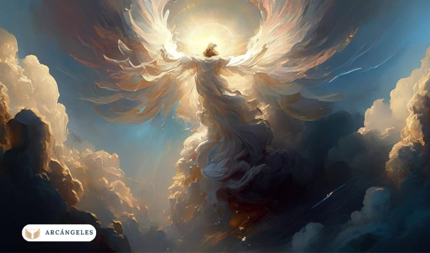 Ilustración del Arcángel Raguel ascendiendo entre nubes con una luz celestial brillante, simbolizando su energía de armonía, justicia y equilibrio espiritual