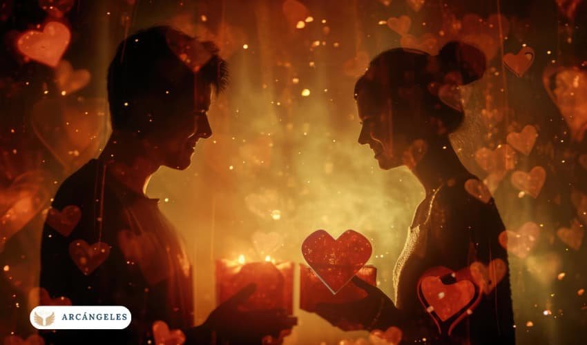 Pareja rodeada de luces y corazones simbólicos, representando el amor y la energía del Arcángel Chamuel.