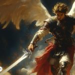 Representación del Arcángel Miguel con su espada de luz, simbolizando su misión como protector celestial y líder de los ejércitos divinos.