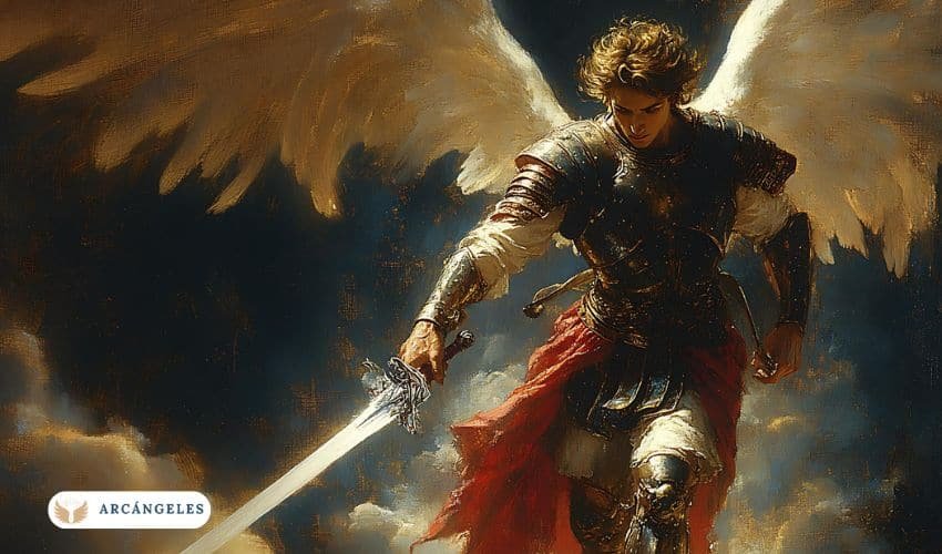 Representación del Arcángel Miguel con su espada de luz, simbolizando su misión como protector celestial y líder de los ejércitos divinos.
