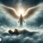 Persona durmiendo con un arcángel luminoso sobrevolando entre las nubes, simbolizando un sueño espiritual con mensajes divinos